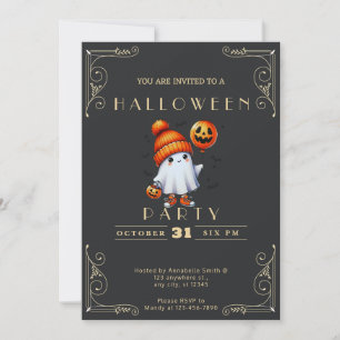 Chalkboard Black & Gold Ghost Hat Bats Halloween Invitation
