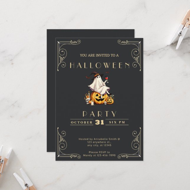 Chalkboard Black & Gold Ghost Wine Skull Halloween Invitation (Front/Back In Situ)