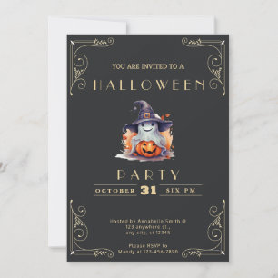 Chalkboard Black & Gold Ghost Witch Hat Halloween Invitation