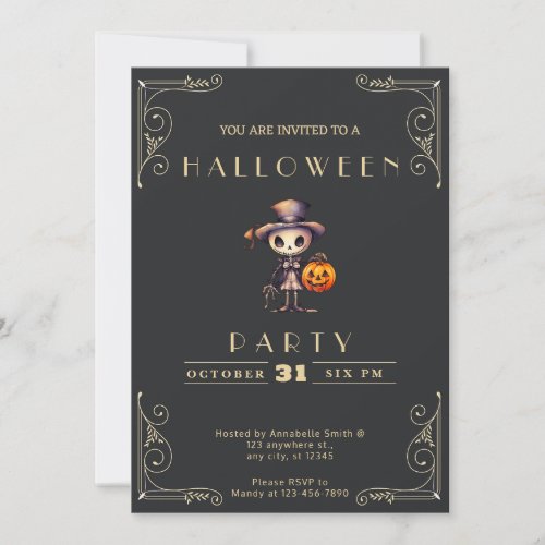 Chalkboard Black  Gold Ghoul Top Hat Halloween Invitation