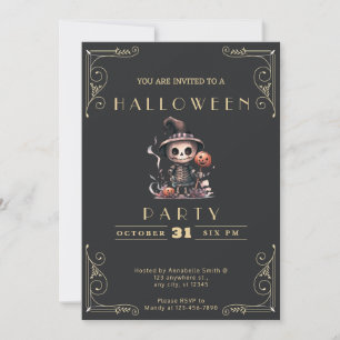 Chalkboard Black & Gold Ghoul Witch Hat Halloween Invitation