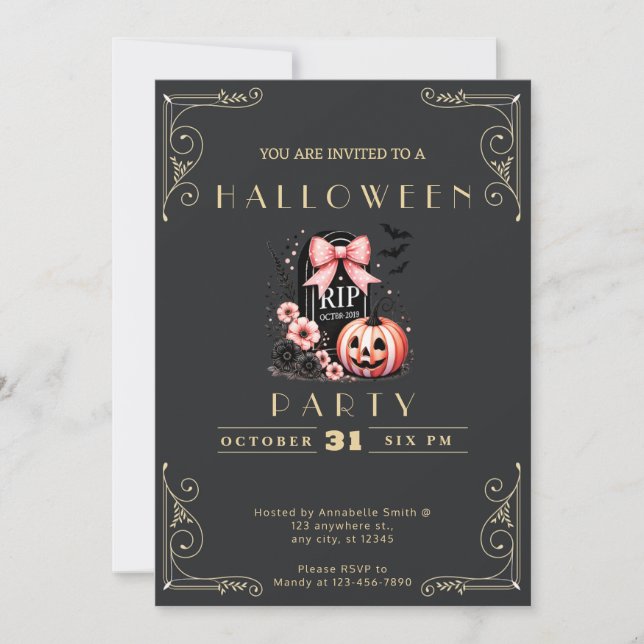 Chalkboard Black & Gold Grave RIP Halloween Invitation (Front)
