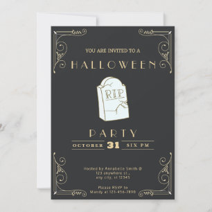 Chalkboard Black & Gold Gray RIP Grave Halloween Invitation