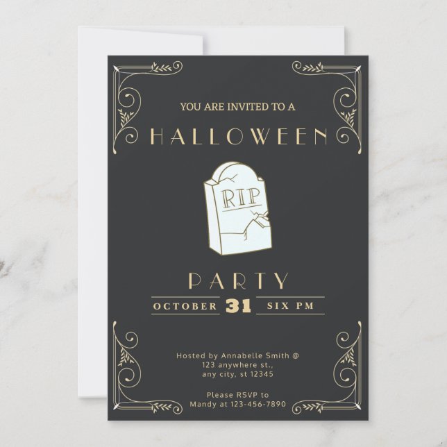 Chalkboard Black & Gold Gray RIP Grave Halloween Invitation (Front)