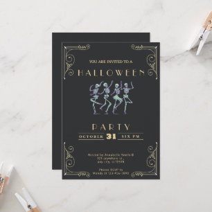 Chalkboard Black & Gold Green Skeletons Halloween Invitation