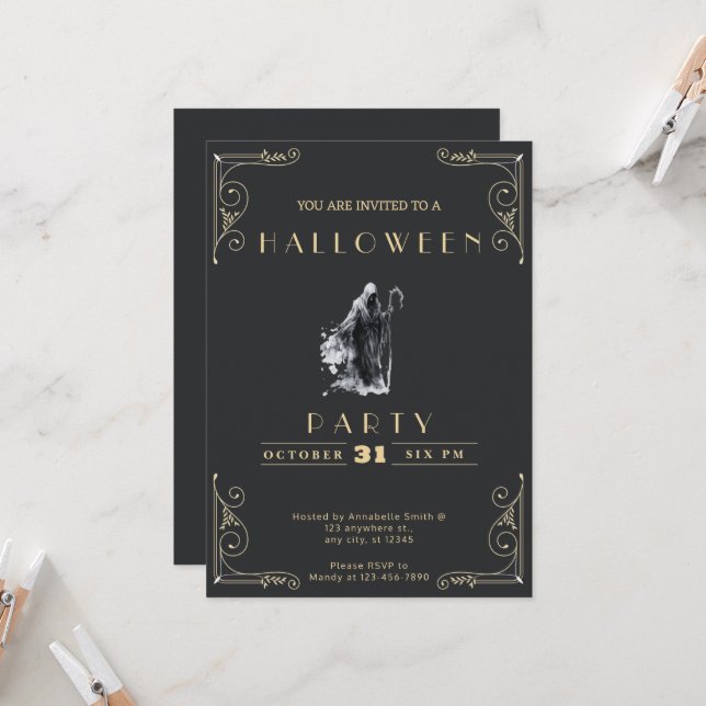 Chalkboard Black & Gold Grim Reaper Halloween Invitation (Front/Back In Situ)