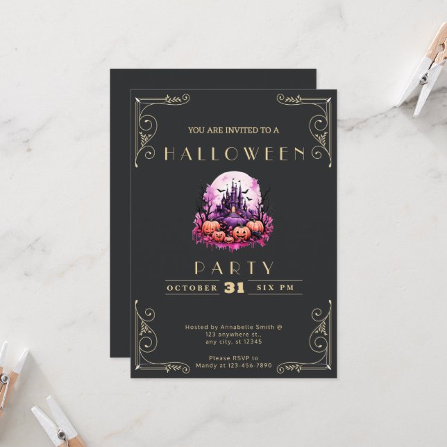 Chalkboard Black & Gold Haunted Castle Halloween Invitation (Front/Back In Situ)