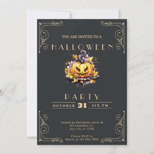 Chalkboard Black  Gold Jack_O Lantern Halloween Invitation