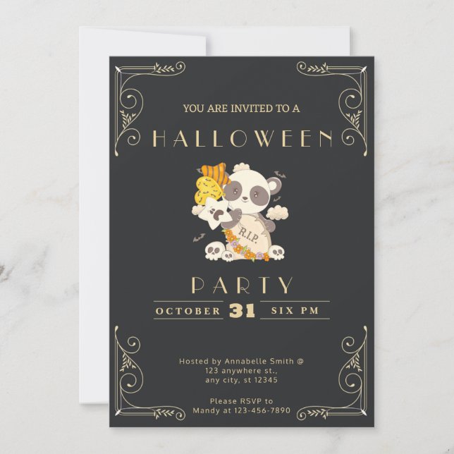 Chalkboard Black & Gold Panda Grave RIP Halloween Invitation (Front)
