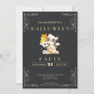 Chalkboard Black & Gold Panda Grave RIP Halloween Invitation