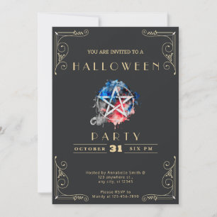 Chalkboard Black & Gold Pentagram Halloween Invitation