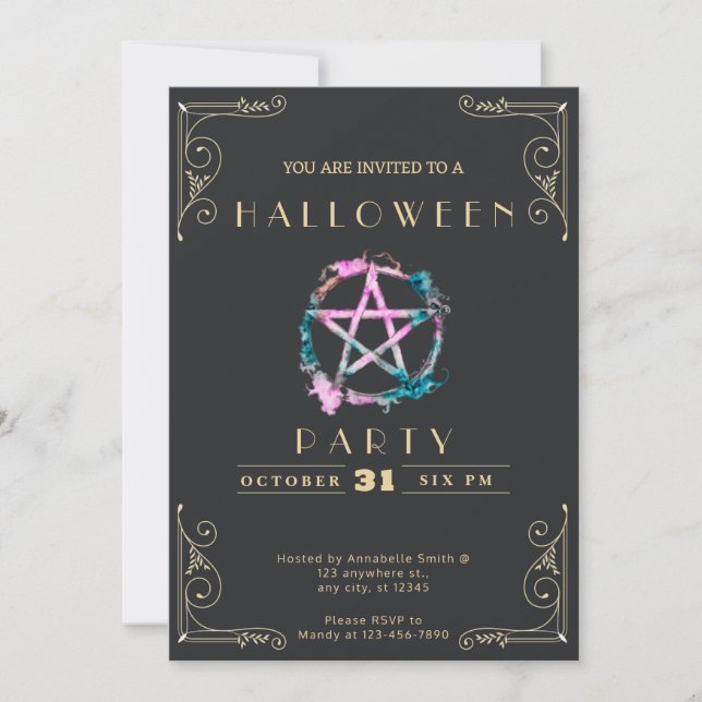 Chalkboard Black & Gold Pentagram Halloween Invitation (Front)