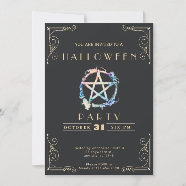 Chalkboard Black & Gold Pentagram Halloween Invitation (Front)
