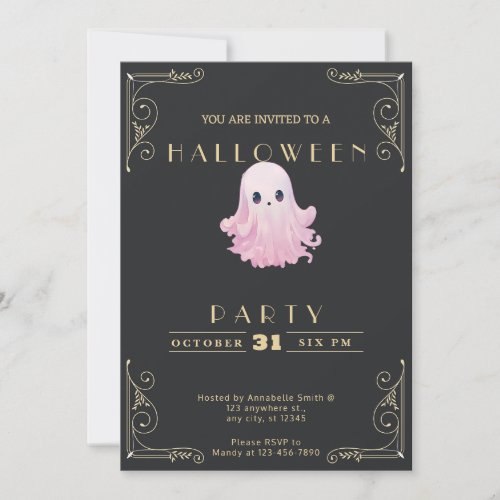 Chalkboard Black  Gold Pink Ghost Halloween Invitation