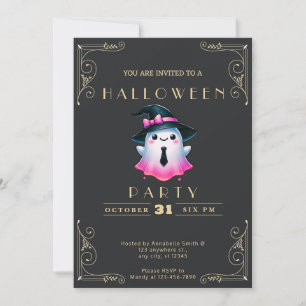 Chalkboard Black & Gold Pink White Ghost Halloween Invitation
