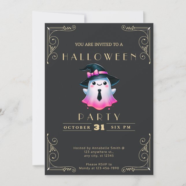 Chalkboard Black & Gold Pink White Ghost Halloween Invitation (Front)