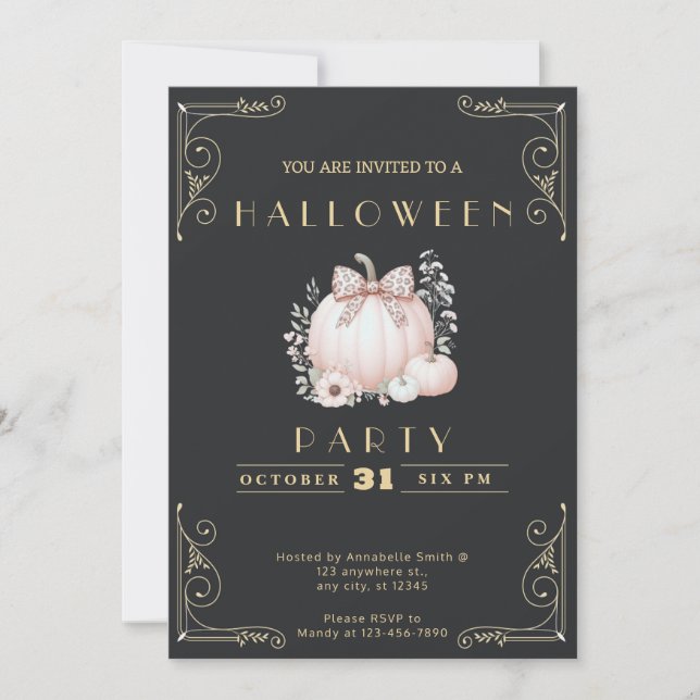 Chalkboard Black & Gold Pumpkin Bow Cute Halloween Invitation (Front)
