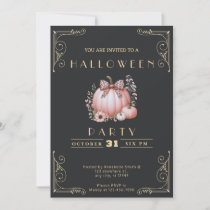 Chalkboard Black & Gold Pumpkin Bow Cute Halloween Invitation