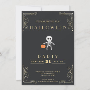 Chalkboard Black & Gold Skeleton Costume Halloween Invitation