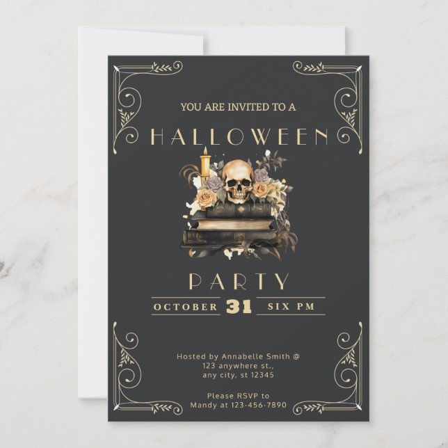 Chalkboard Black & Gold Skull Roses Halloween Invitation (Front)