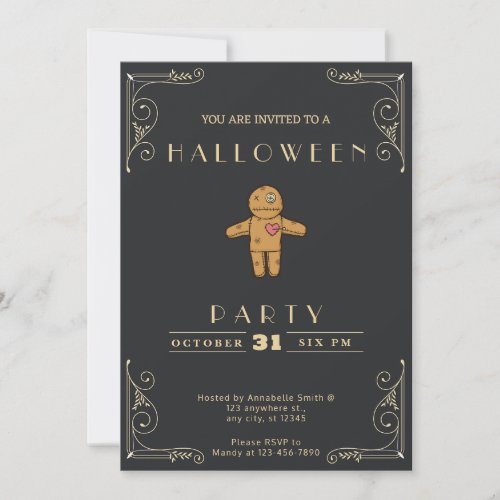 Chalkboard Black  Gold Voodoo Doll Halloween Invitation