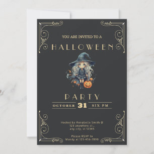 Chalkboard Black & Gold Witch Pumpkin Halloween Invitation