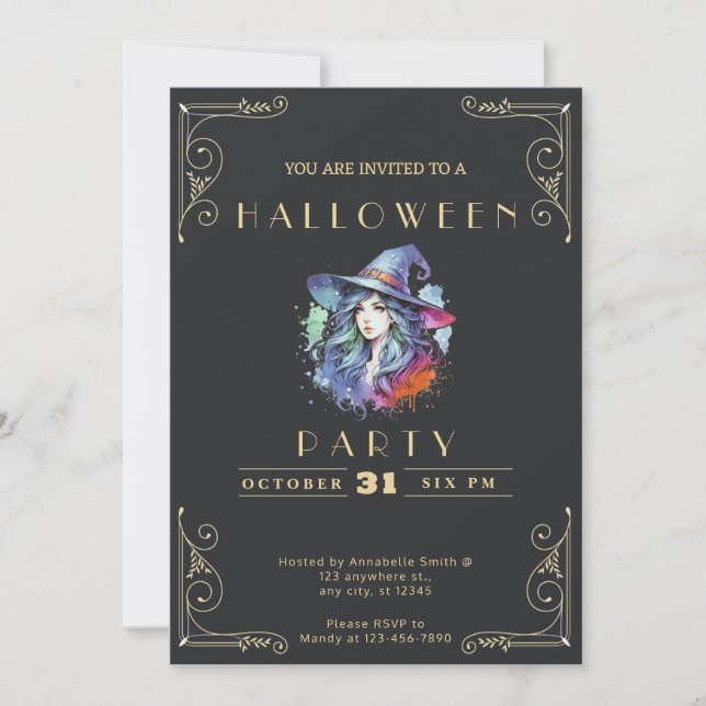 Chalkboard Black & Gold Witch Rainbow Halloween In Invitation (Front)