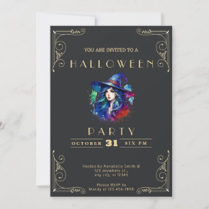 Chalkboard Black & Gold Witch Rainbow Halloween In Invitation