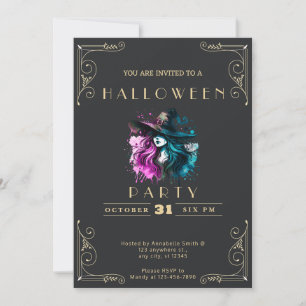 Chalkboard Black & Gold Witch Rainbow Halloween In Invitation