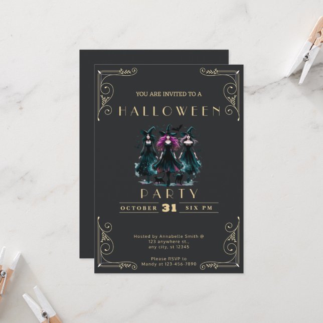 Chalkboard Black & Gold Witches Bats Halloween Invitation (Front/Back In Situ)