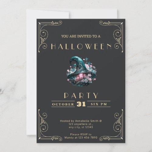 Chalkboard Black  Gold Witches Hat Halloween Invitation