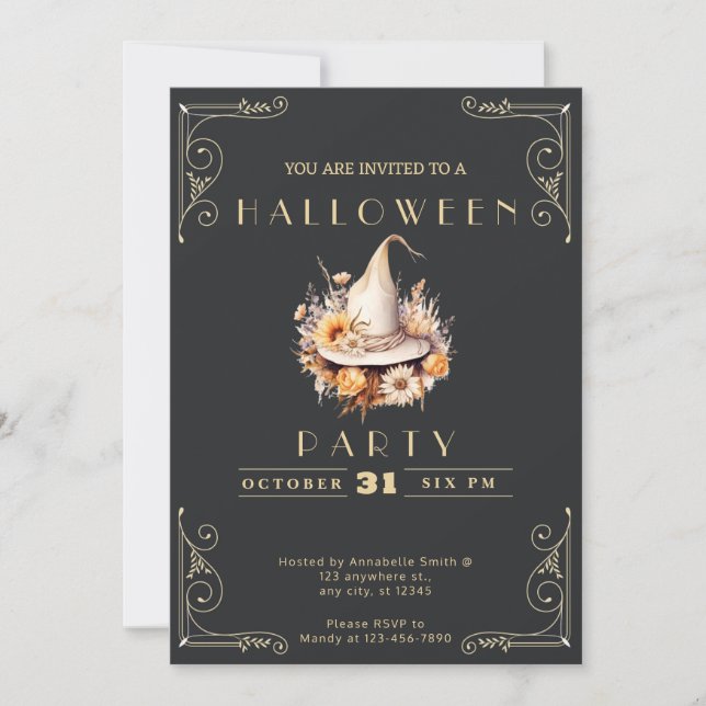 Chalkboard Black & Gold Witch's Hat Halloween Invitation (Front)