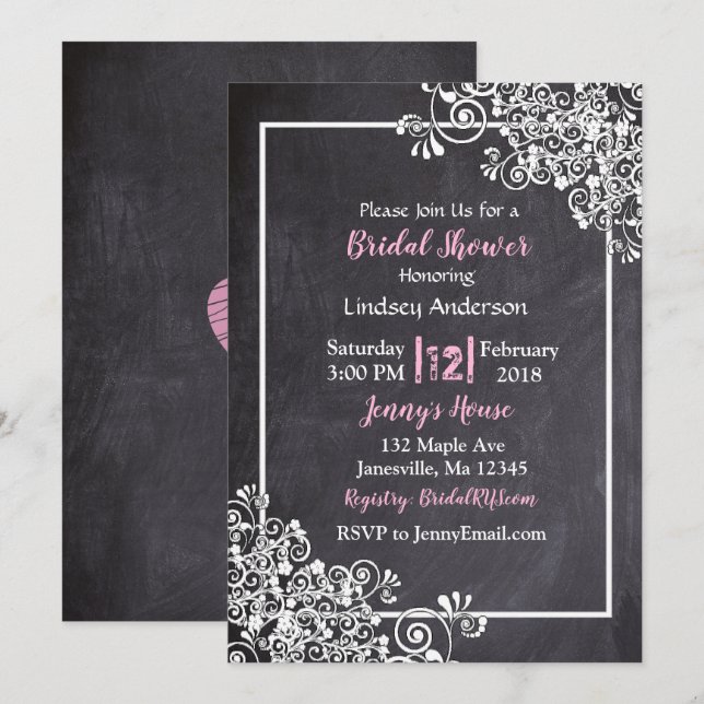 Chalkboard Black & Pink Bridal Shower Invitations (Front/Back)