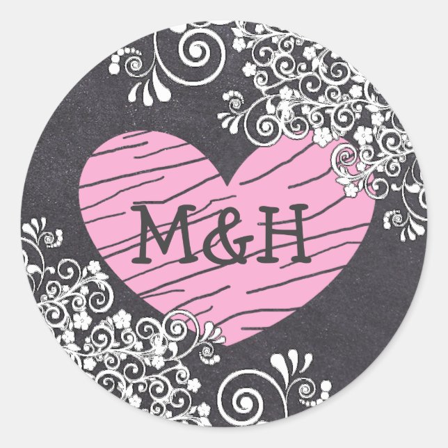 Chalkboard Black & Pink Heart  Wedding Stickers (Front)