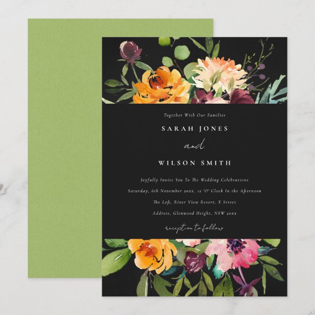 CHALKBOARD BLACK PINK YELLOW ORANGE FLORAL WEDDING INVITATION (Front/Back)