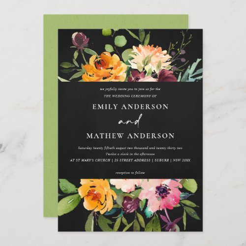 CHALKBOARD BLACK PINK YELLOW ORANGE FLORAL WEDDING INVITATION