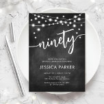 Chalkboard Black White 90th Birthday Party Invitation<br><div class="desc">90th Birthday Party Invitation. Elegant black and white design with chalkboard pattern. Classy modern invite card featuring fairy string lights and script font. Perfect for a stylish ninetieth bday celebration. Personalize with your own details. Can be customised for any age! Printed Zazzle invitations or instant download digital printable template.</div>
