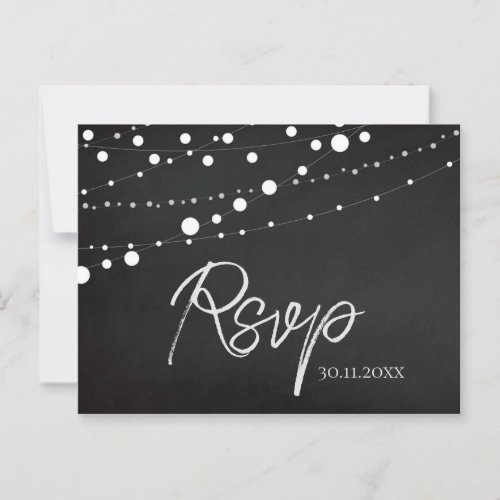 Chalkboard Black White String Lights Wedding RSVP Postcard