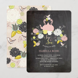 Chalkboard Blooms & Birds Sip And See Baby Shower Invitation