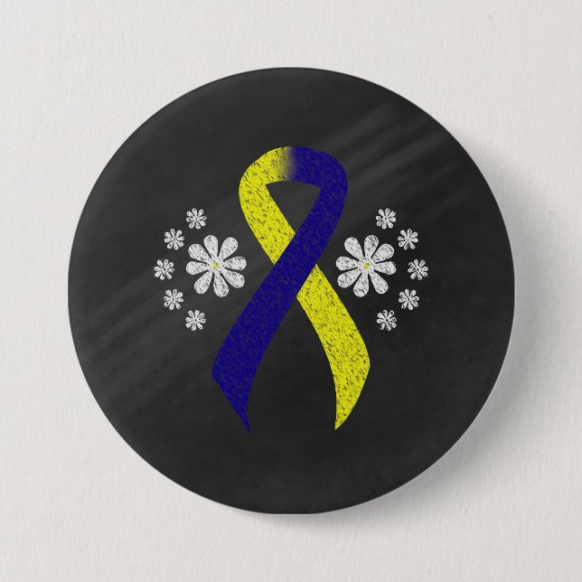 Chalkboard Blue and Yellow Awareness Ribbon Pinback Button (Front)