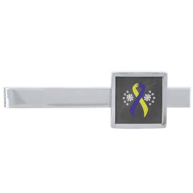 Chalkboard Blue and Yellow Awareness Ribbon Silver Finish Tie Bar (Front)