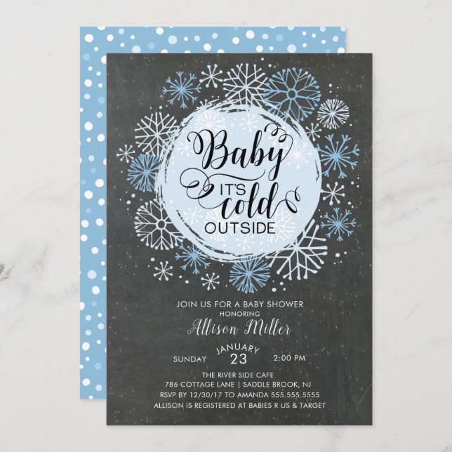 Chalkboard Blue Baby It's Cold Outside Invitation (Front/Back)