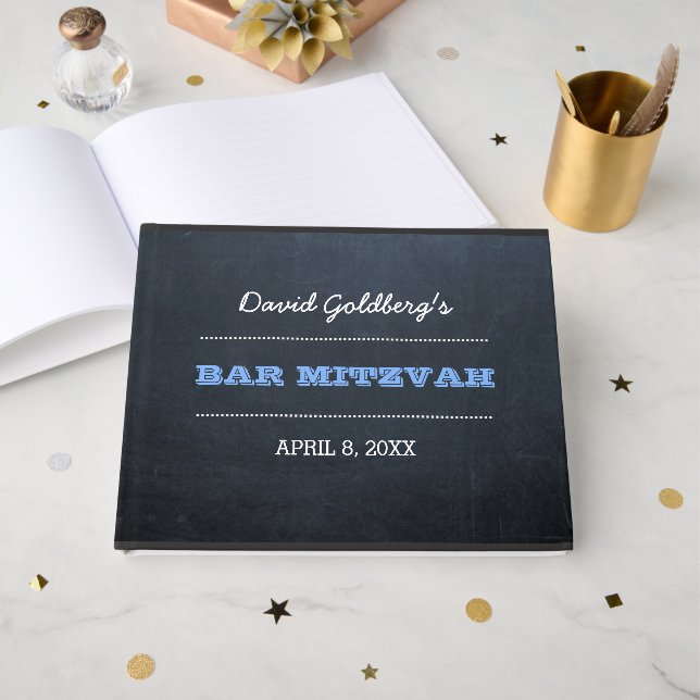 Chalkboard Blue Bar Mitzvah Guest Book (Front Open)