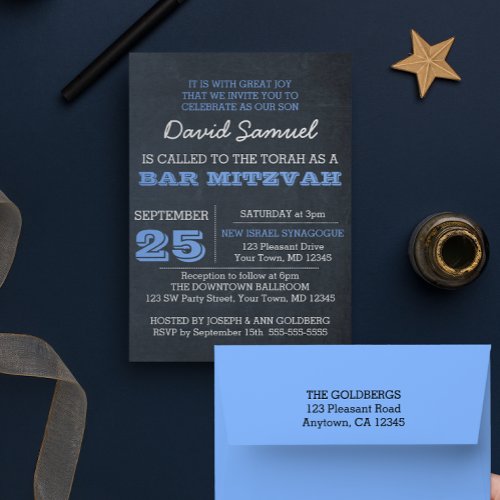 Chalkboard Blue Bar Mitzvah Invitation