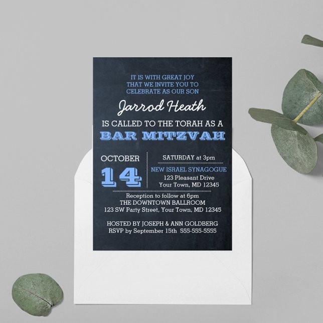 Chalkboard Blue Bar Mitzvah Invitation No Logo (Creator Uploaded)