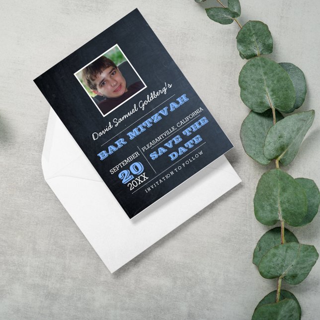 Chalkboard Blue Bar Mitzvah Photo Save the Date Announcement Postcard (Creator Uploaded)
