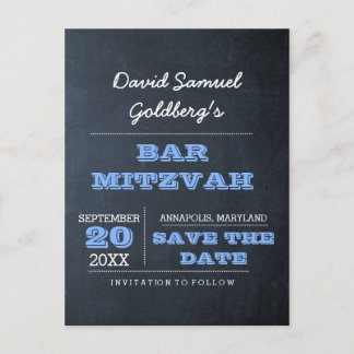 Chalkboard Blue Bar Mitzvah Save the Date Announcement Postcard