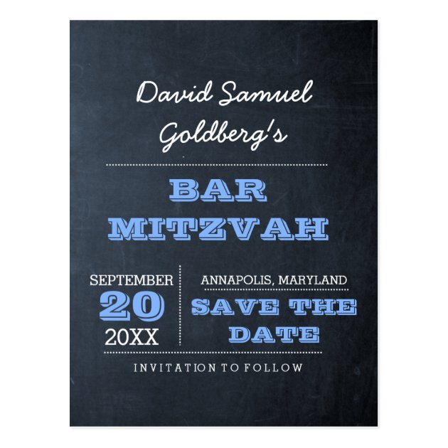 Chalkboard Blue Bar Mitzvah Save The Date Postcard