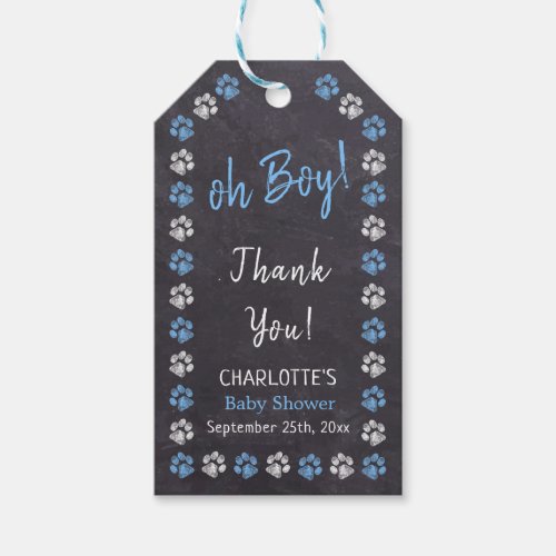 Chalkboard Blue Boy Paw Print Baby Shower Gift Tags