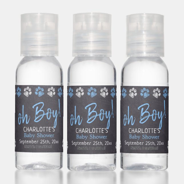 Chalkboard Blue Boy Paw Print Baby Shower Hand Sanitizer (Set)